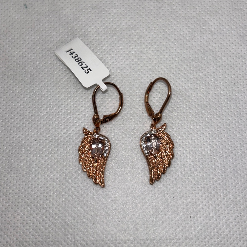 NWT Rose Gold Plated Sterling Silver Genuine Morganite Angel Wing Earrings